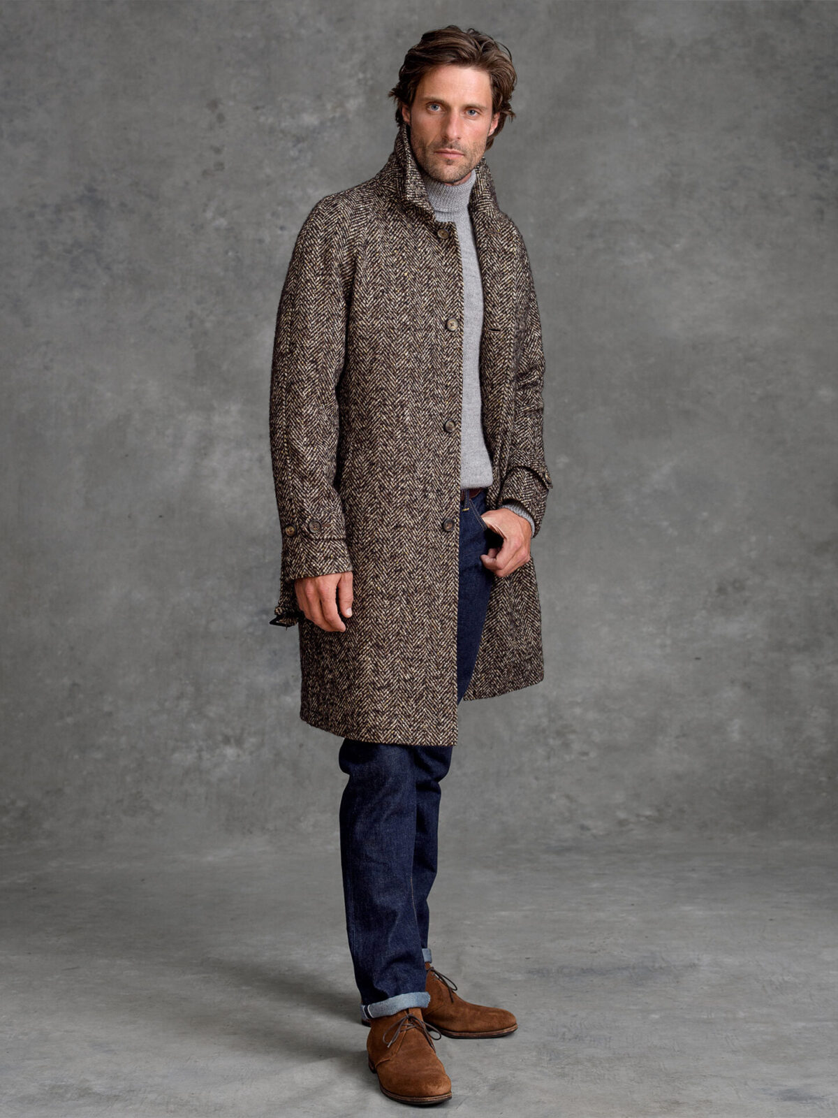 Crosby Brown Herringbone Belted Coat by Proper Cloth