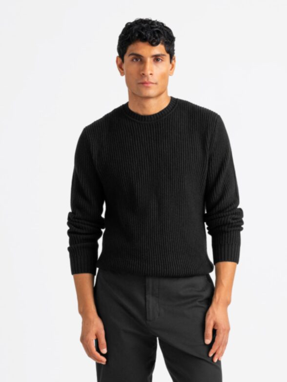 Black Merino and Cashmere Ribbed Crewneck Sweater Thumb Detail