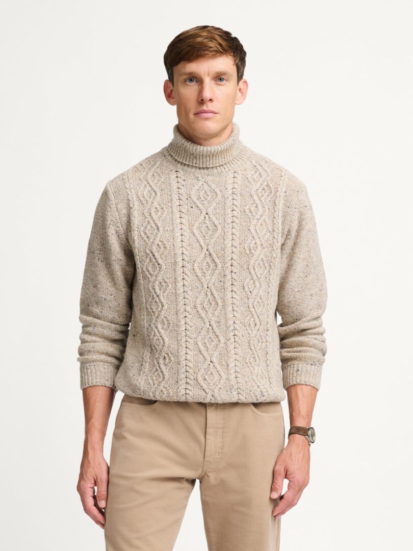 Oatmeal Donegal Italian Merino Wool Aran Turtleneck Sweater Thumb Detail