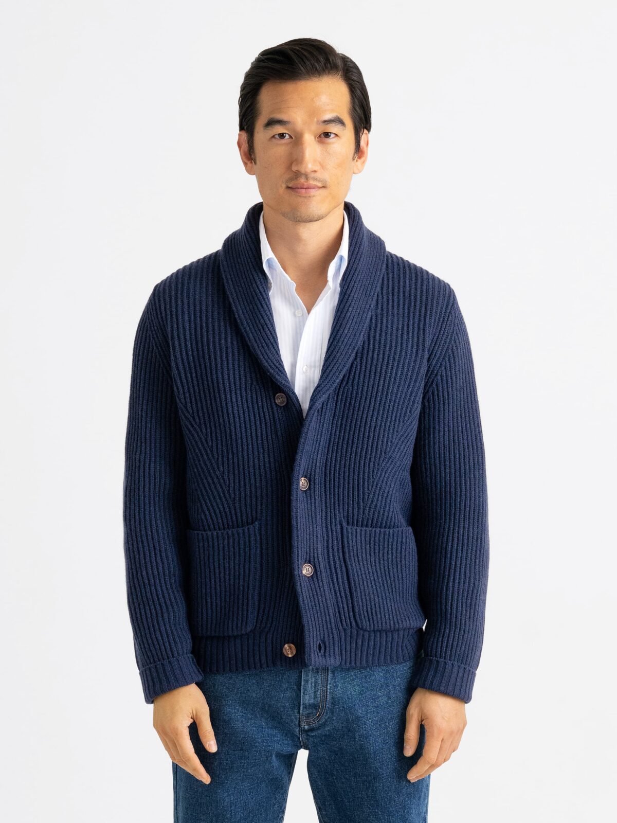 Navy Merino and Cashmere Ribbed Shawl Cardigan