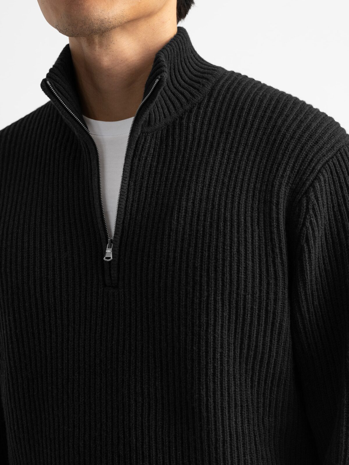 Black Merino and Cashmere Ribbed Half-Zip Sweater - Proper Cloth