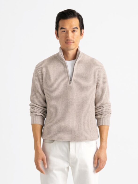 Beige Merino and Cashmere Ribbed Half-Zip Sweater Thumb Detail