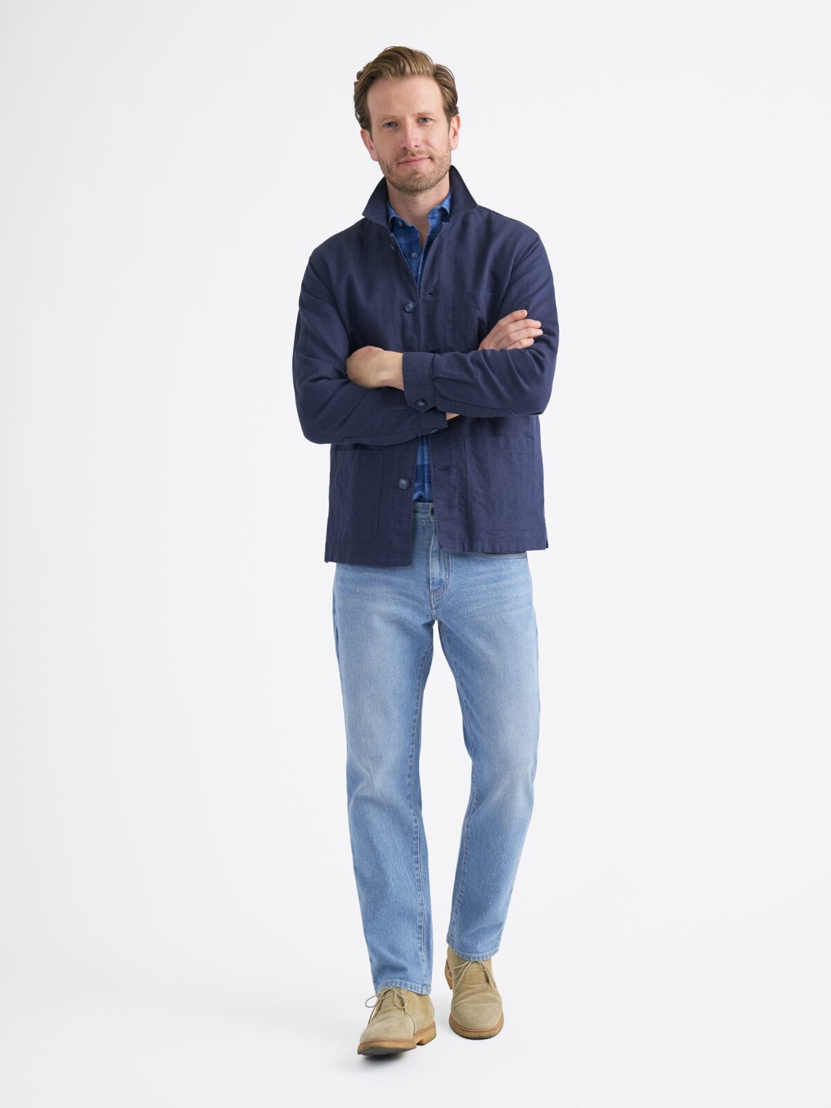 Navy Cotton Linen Basketweave Chore Jacket | Proper Cloth