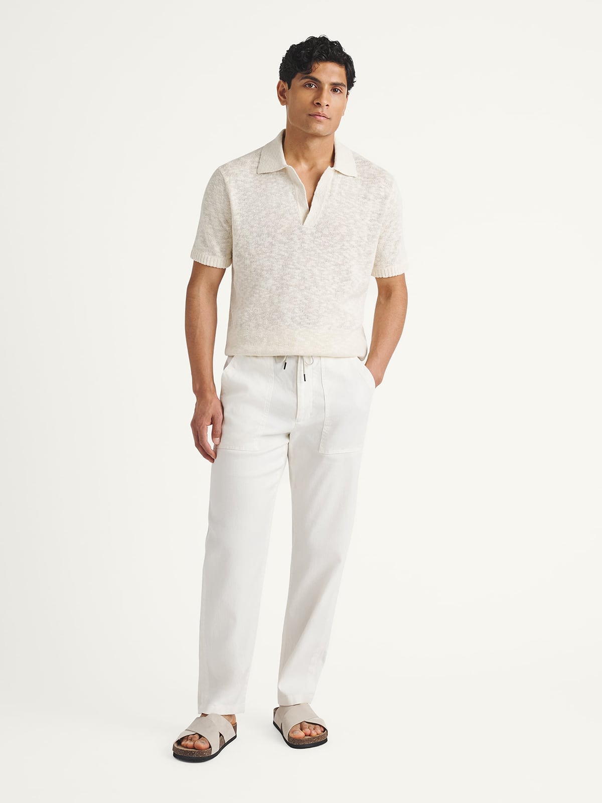 Off White Cotton and Linen Slub Knit Polo | Proper Cloth
