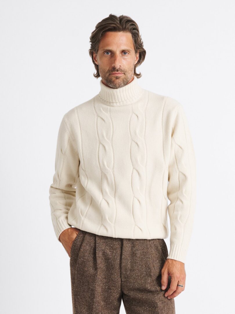 Cream Merino Wool Cable Turtleneck Sweater Thumb Detail