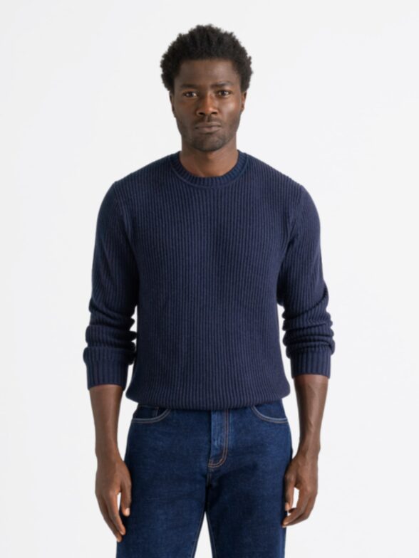 Navy Merino and Cashmere Ribbed Crewneck Sweater Thumb Detail