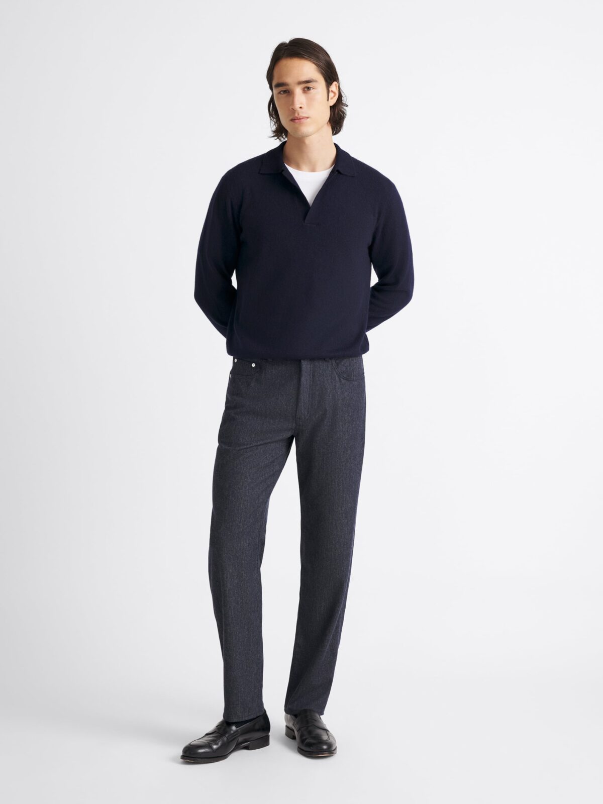Taupe Scottish Cashmere Long Sleeve Knit Polo - Proper Cloth