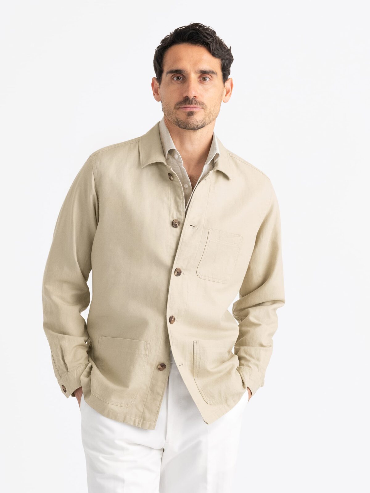 Beige Cotton Linen Basketweave Chore Jacket - Proper Cloth