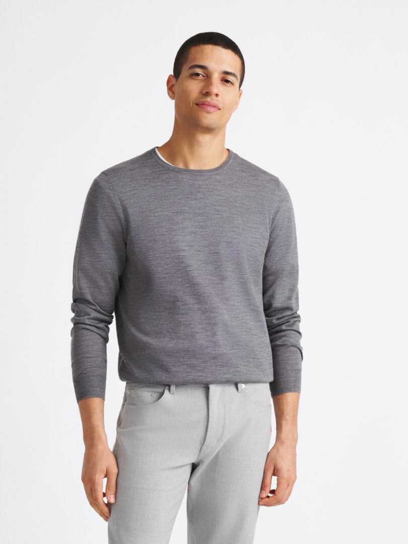 Grey Easy Care Merino Wool Crewneck Sweater Thumb Detail