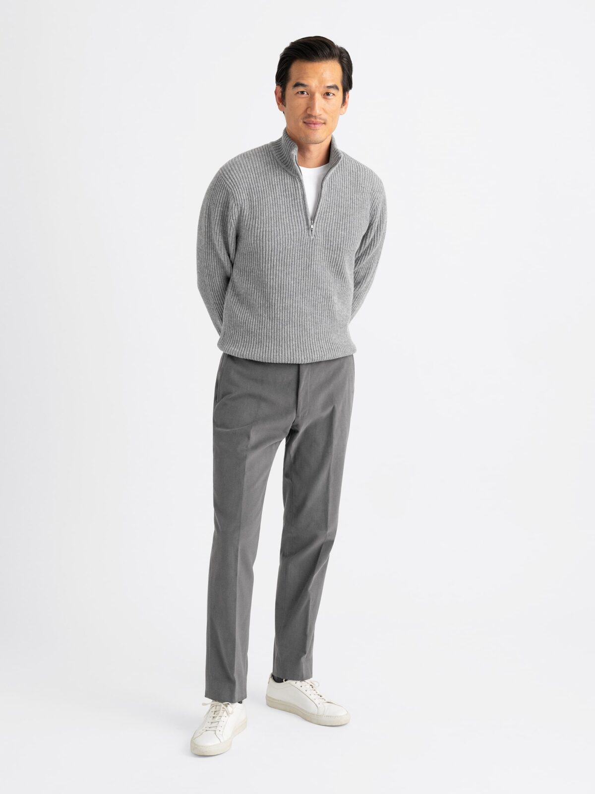 Light Grey Merino and Cashmere Ribbed Half-Zip Sweater - Proper Cloth