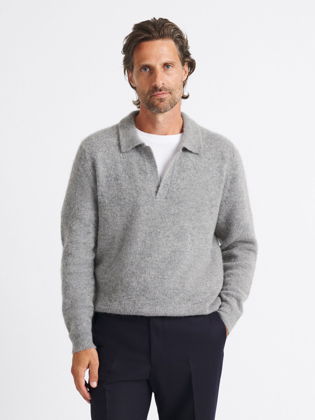 Grey Brushed Alpaca Knit Polo - Proper Cloth