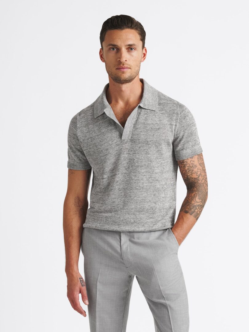 Grey Melange Linen Knit Polo Thumb Detail