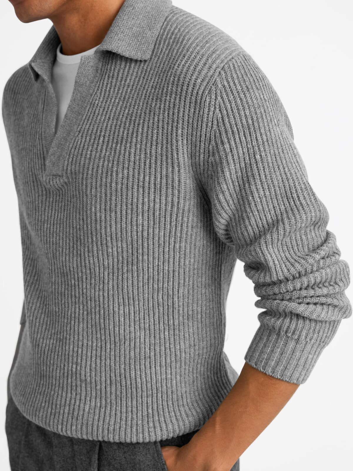Light Grey Merino and Cashmere Ribbed Knit Polo - Proper Cloth