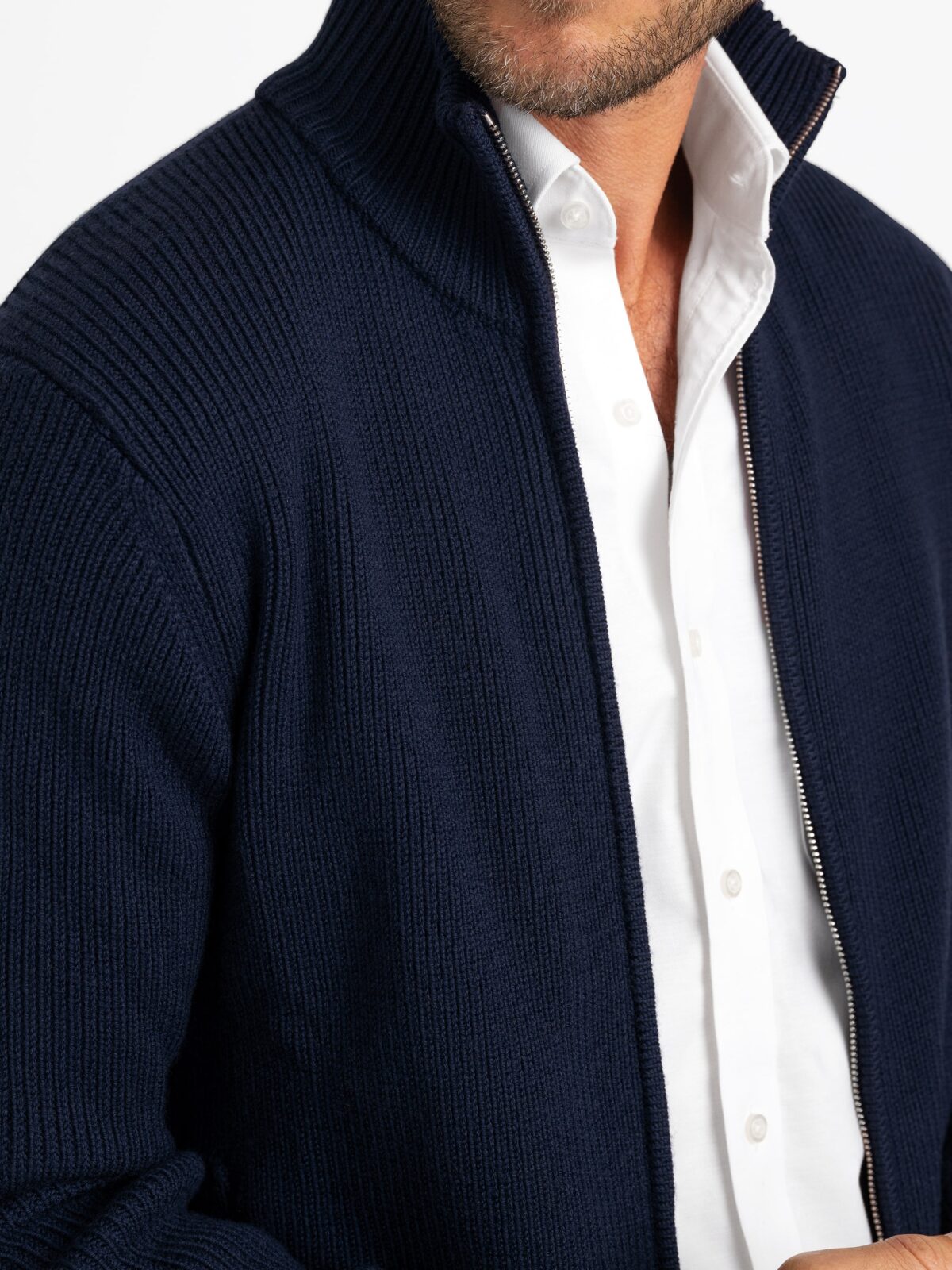 Navy Merino Wool Full-Zip Sweater - Proper Cloth