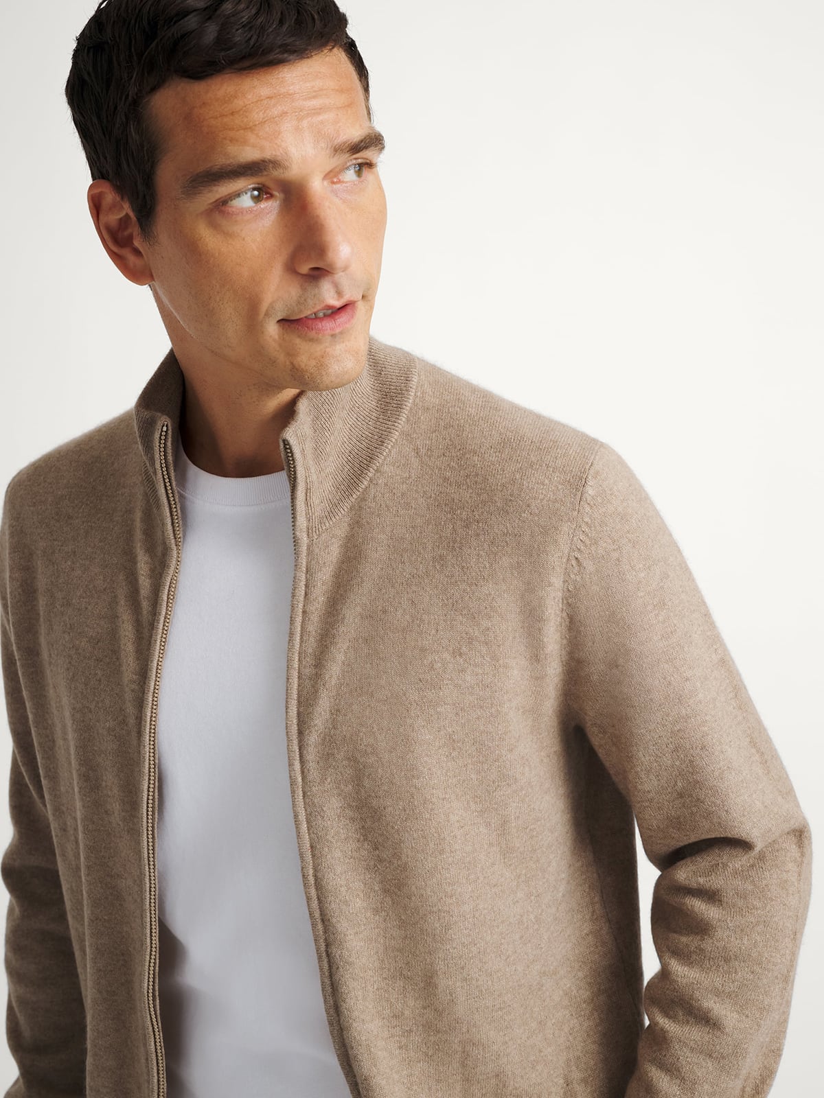 Taupe Scottish Cashmere Full-Zip Sweater | Proper Cloth