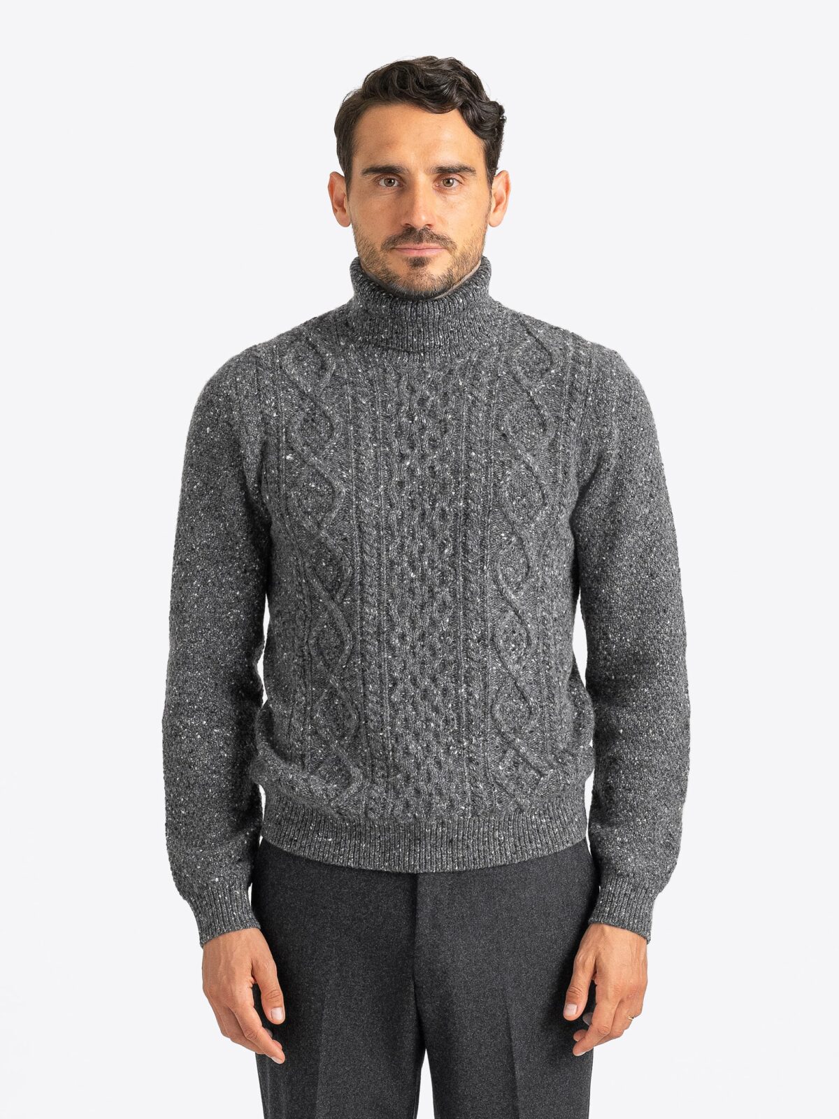 Dark Grey Donegal Merino and Cashmere Aran Turtleneck - Proper Cloth