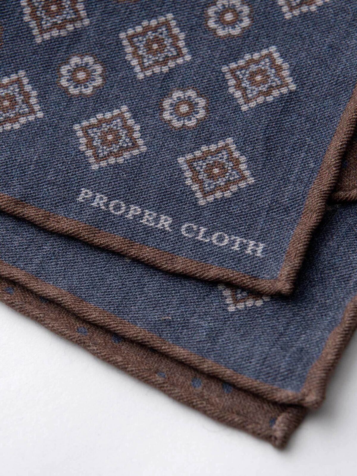 Faded Navy and Brown Foulard Print Pocket Square
