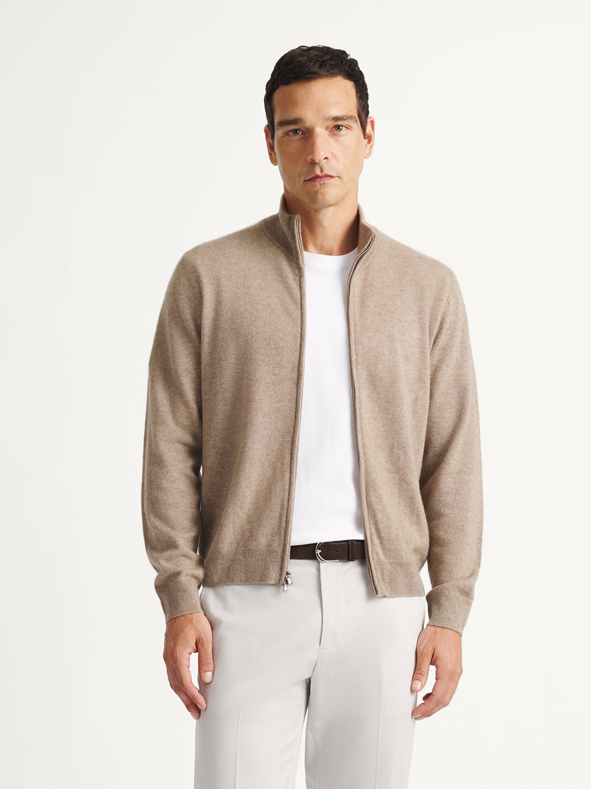 Taupe Scottish Cashmere Full-Zip Sweater | Proper Cloth