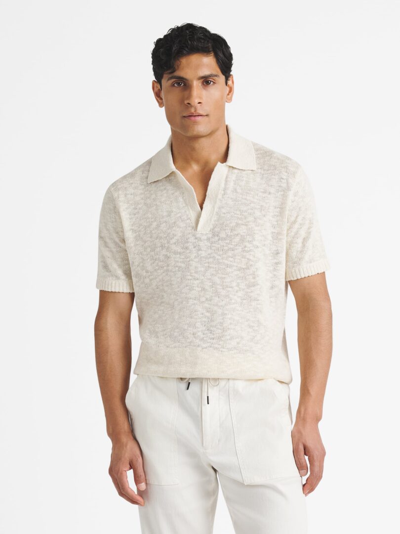 Off White Cotton and Linen Slub Knit Polo Thumb Detail