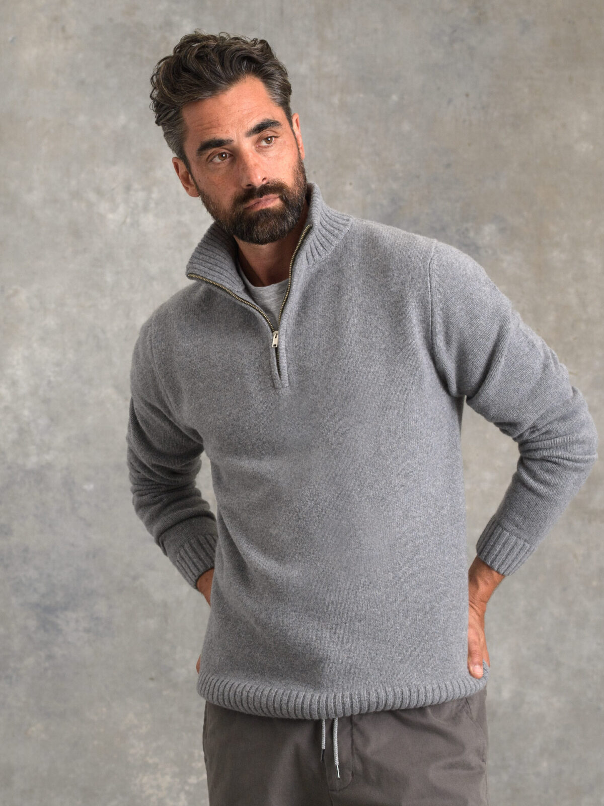 Grey Wool and Cashmere Half-Zip Sweater
