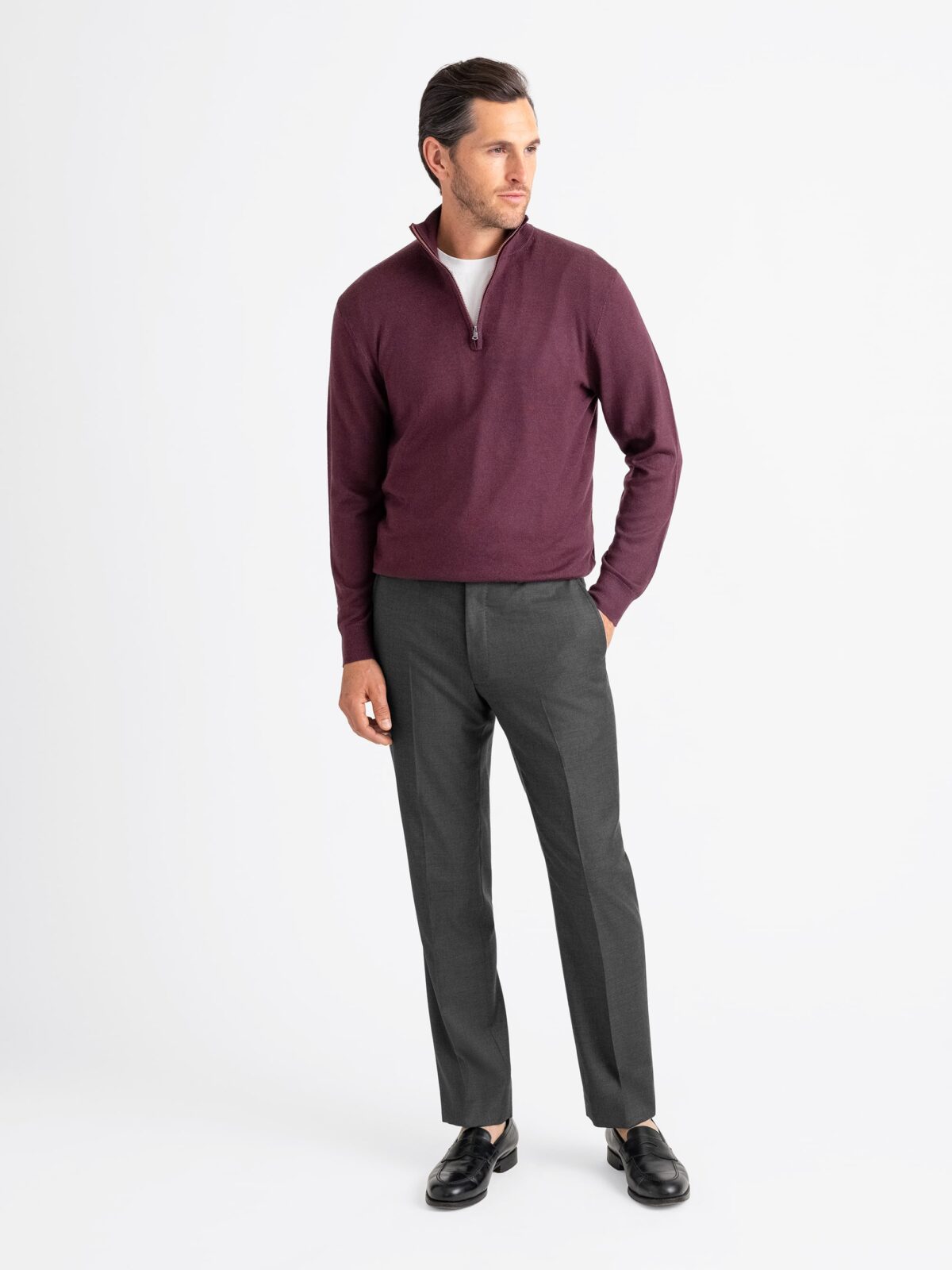 トップス PHEENY/VELOURS BORDER L/S(BURGUNDY) Buy Burgundy Red Relaxed Fit Quarter Zip Wellness Slogan Graphic