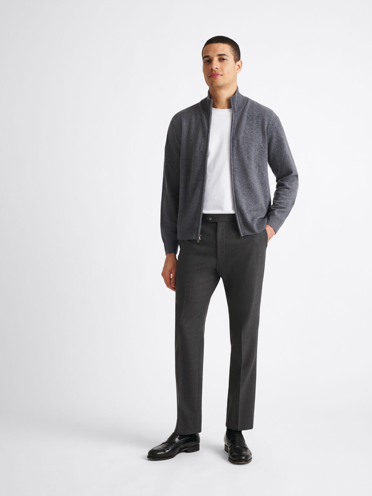 Grey Scottish Cashmere Full-Zip Sweater - Proper Cloth