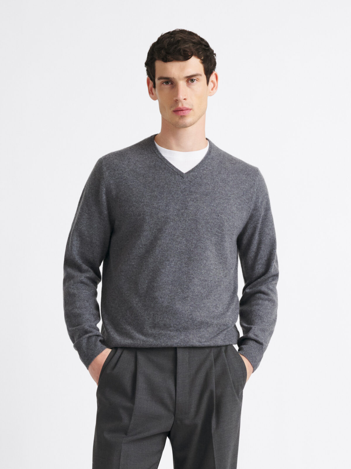 Grey Scottish Cashmere V-Neck Sweater - Proper Cloth
