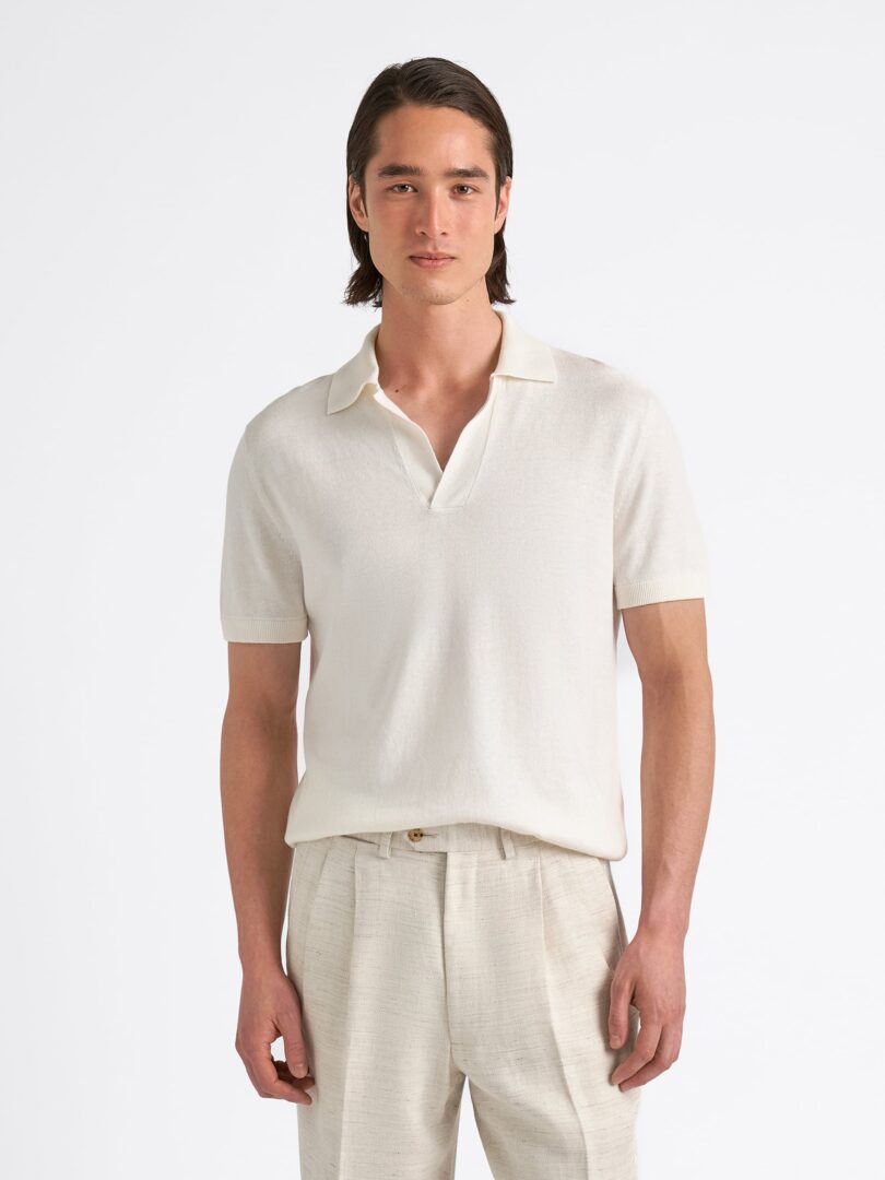 Cream Linen Blend Knit Polo Thumb Detail