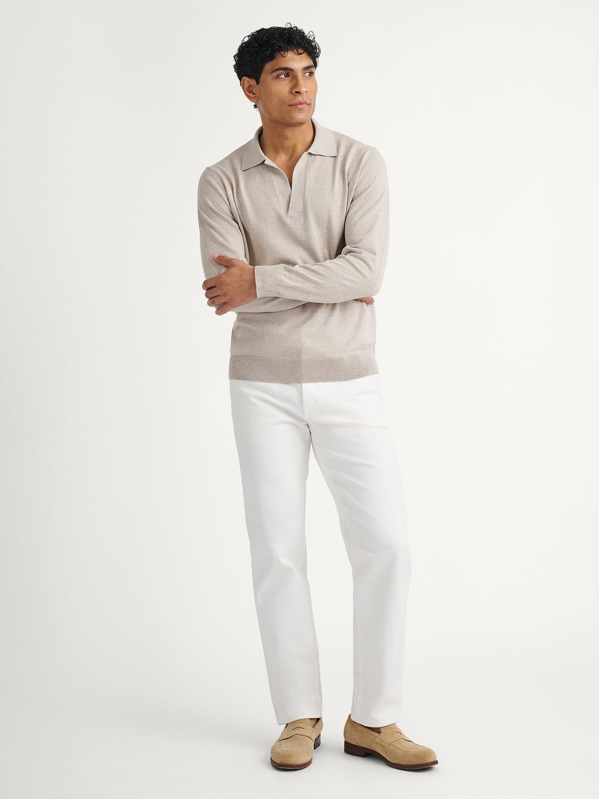 Light Blue Mouliné Cotton Long Sleeve Knit Polo - Proper Cloth
