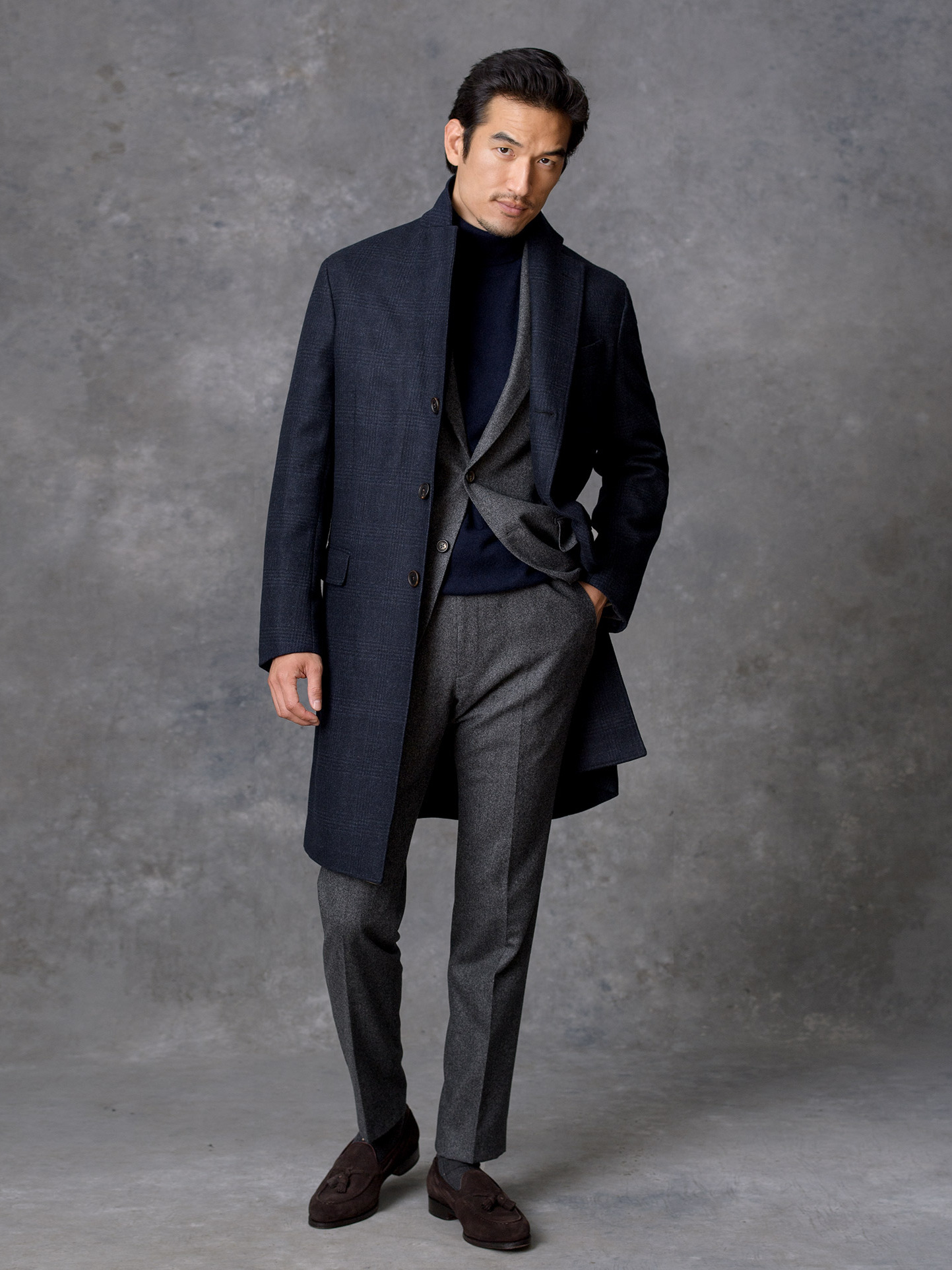 Bowery Navy Plaid Wool Unstructured Coat by Proper Cloth