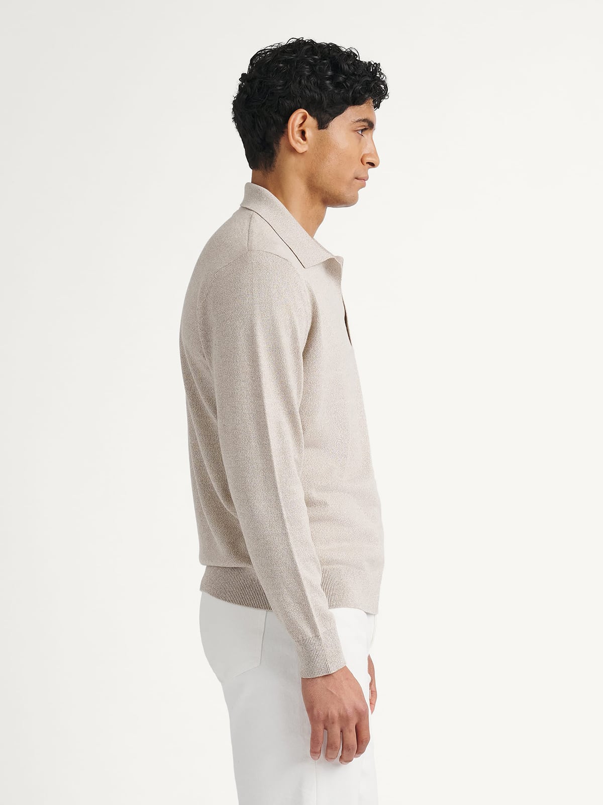 Beige Mouliné Cotton Long Sleeve Knit Polo | Proper Cloth