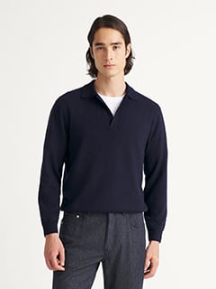 Navy Scottish Cashmere Long Sleeve Knit Polo | Proper Cloth
