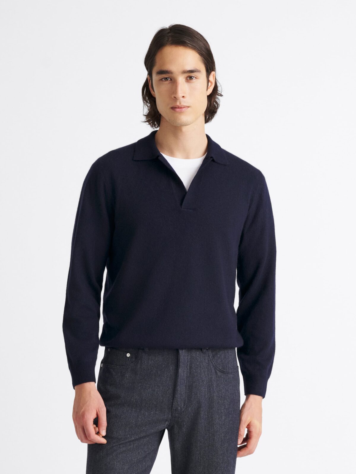 Navy Scottish Cashmere Long Sleeve Knit Polo - Proper Cloth