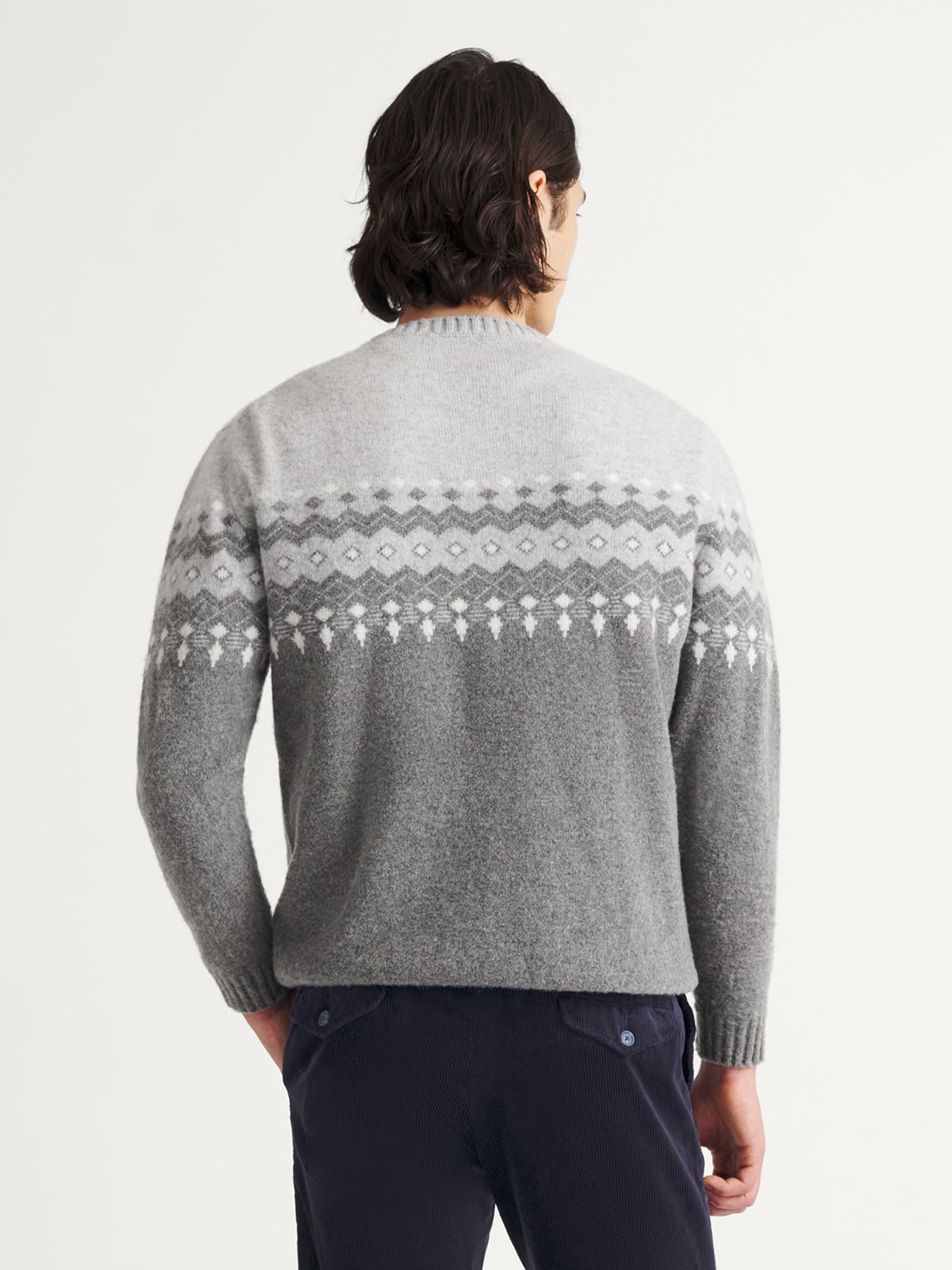 Grey Italian Merino Wool Fair Isle Crewneck Sweater | Proper Cloth