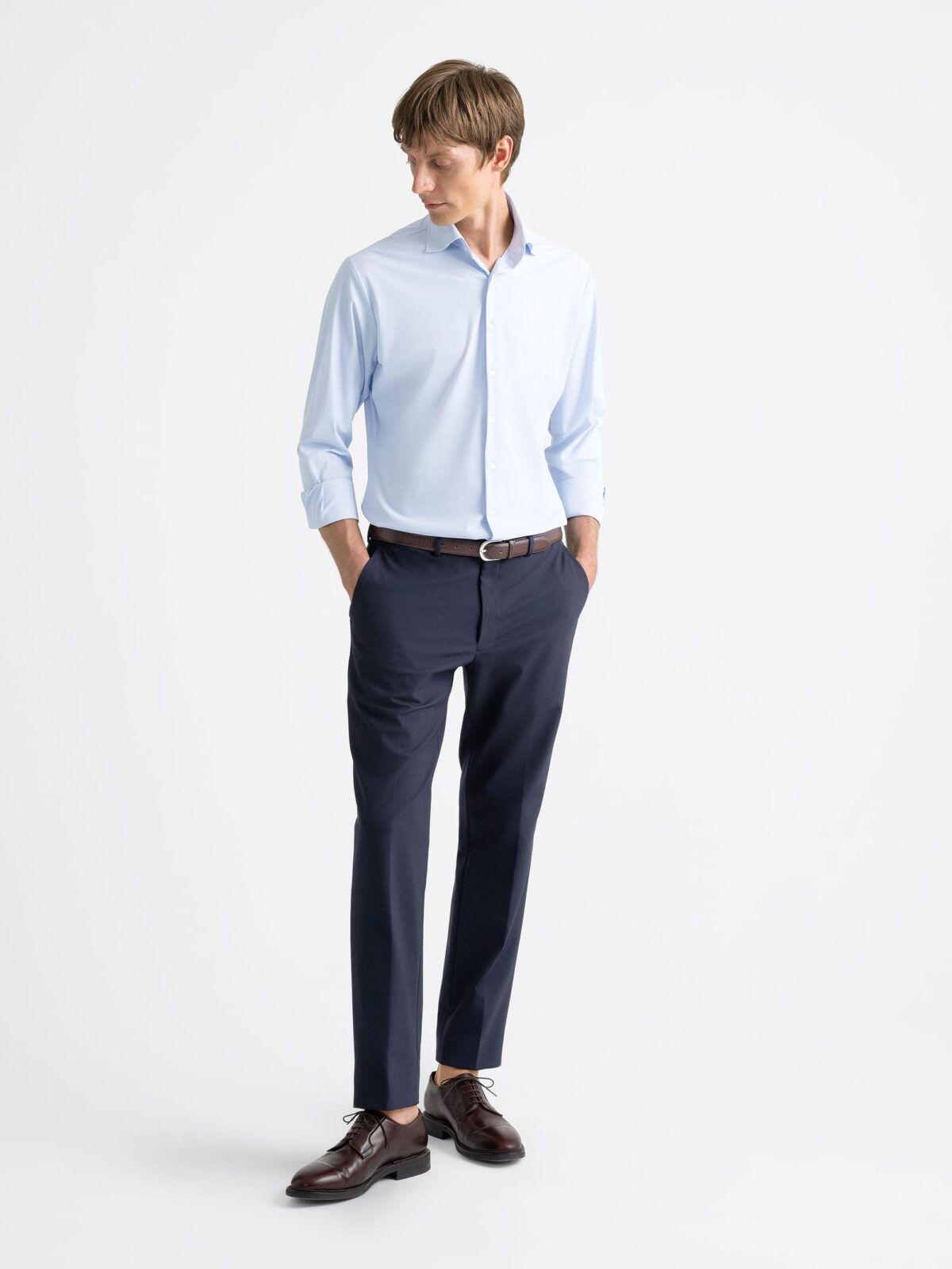 navy dress pants light blue shirt Men Office Outfit Navy Blue Shirt with Grey Pants By Sainly 3XL