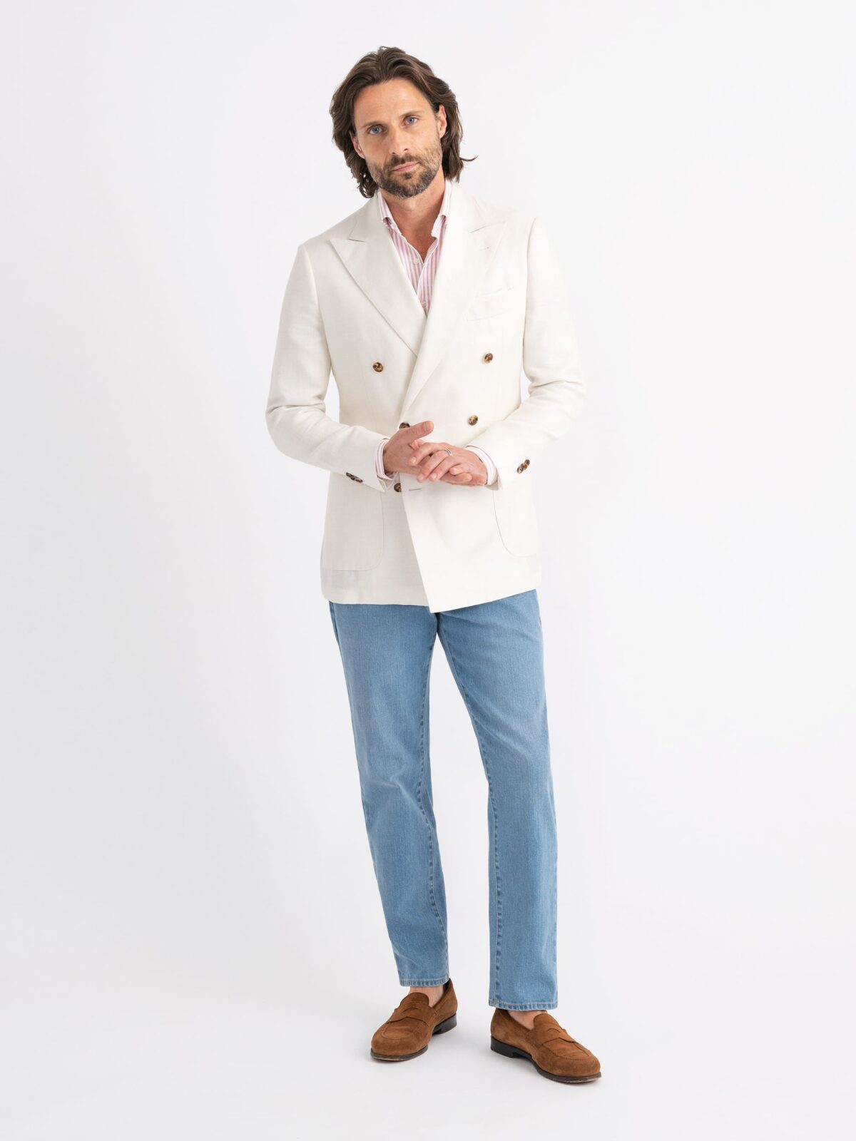 Double Breasted Reda Cream Wool and Linen Bedford Jacket - Custom