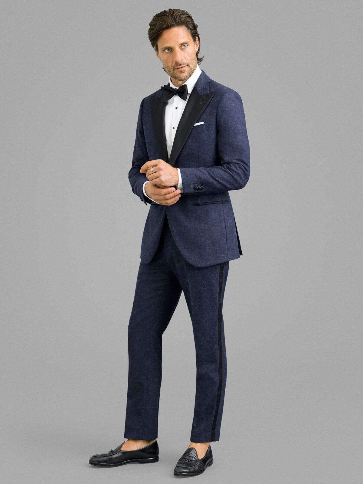 Peak Lapel Navy Wool and Linen Stretch Tuxedo - Custom Fit Tailored Clothing