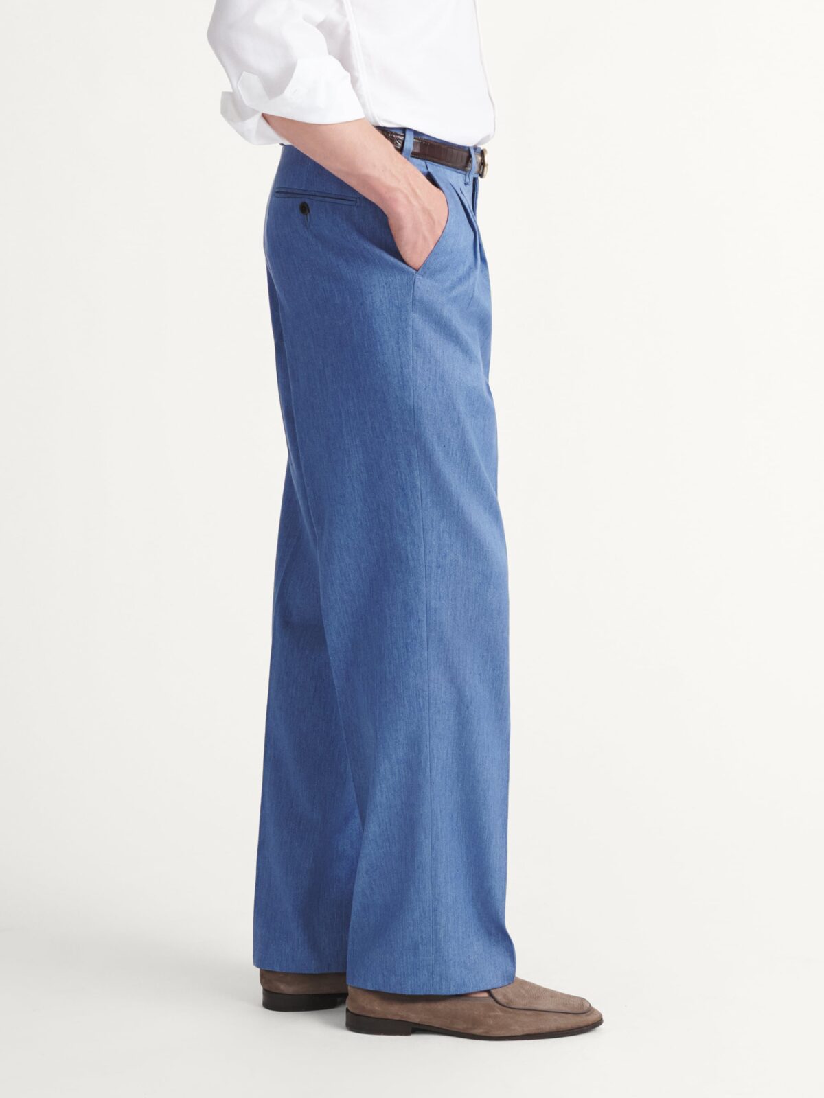 Loro Piana Fabric Blue Cotton and Linen Stretch Wide Leg Denim Trouser - Custom Fit Tailored Clothing Loro Piana Fabric Blue Cotton and Linen Stretch Wide Leg Denim Trouser - Custom Fit Tailored Clothing