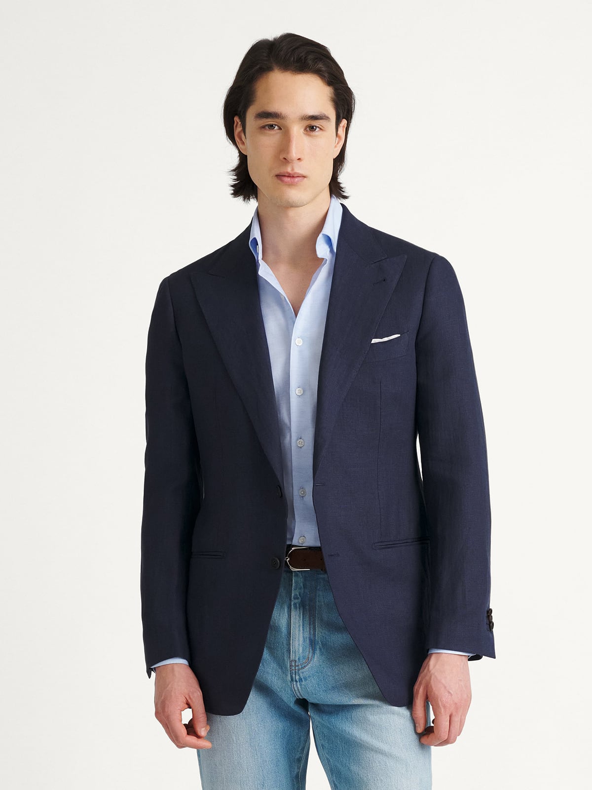 Noble - NOBLE ピークドジャケット Navy Irish Linen Bedford Peak Lapel Jacket - Custom Fit Tailored