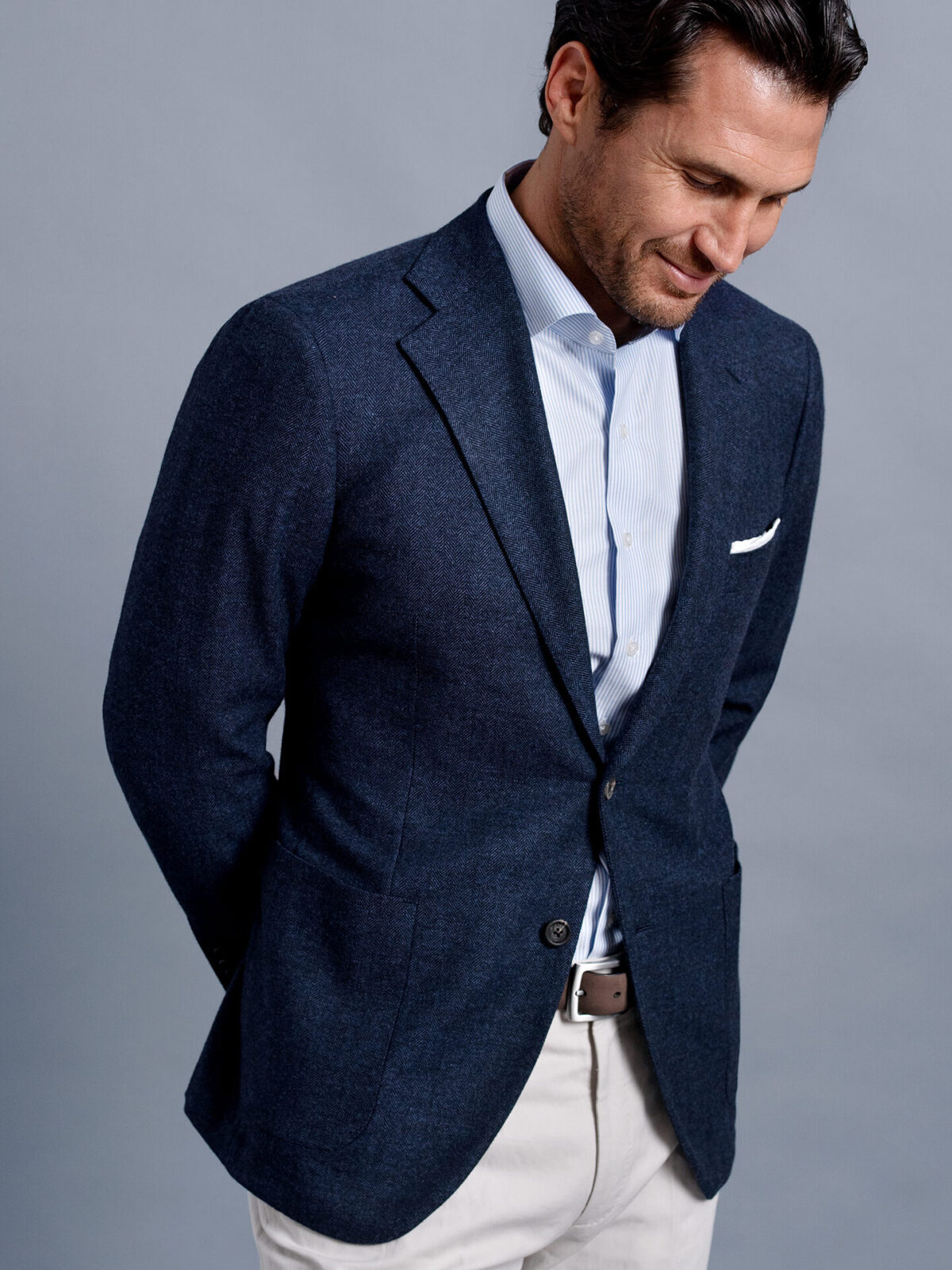 Bedford Navy Blue Herringbone Wool and Cashmere Jacket