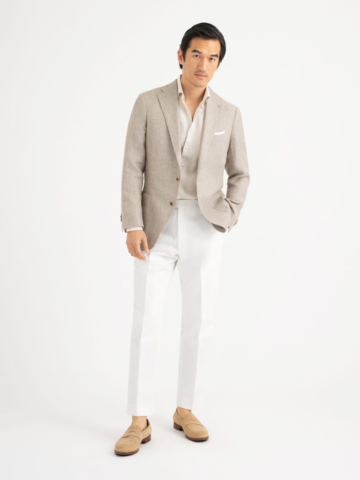 Beige Linen and Lyocell Hopsack Bedford Jacket - Custom Fit