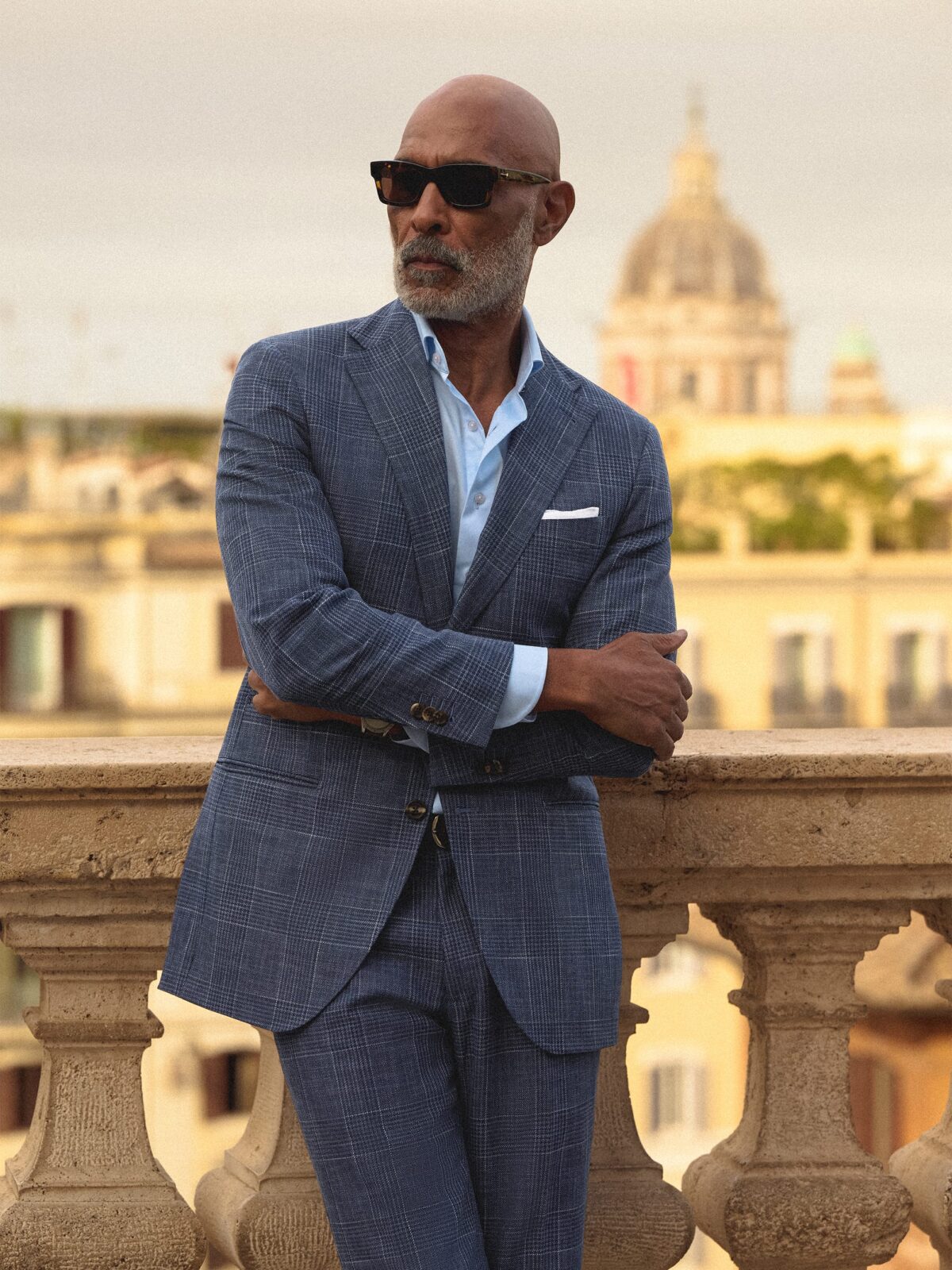 Small Blue Check Shirt With Grey Glen Plaid Suit VBC Slate Glen