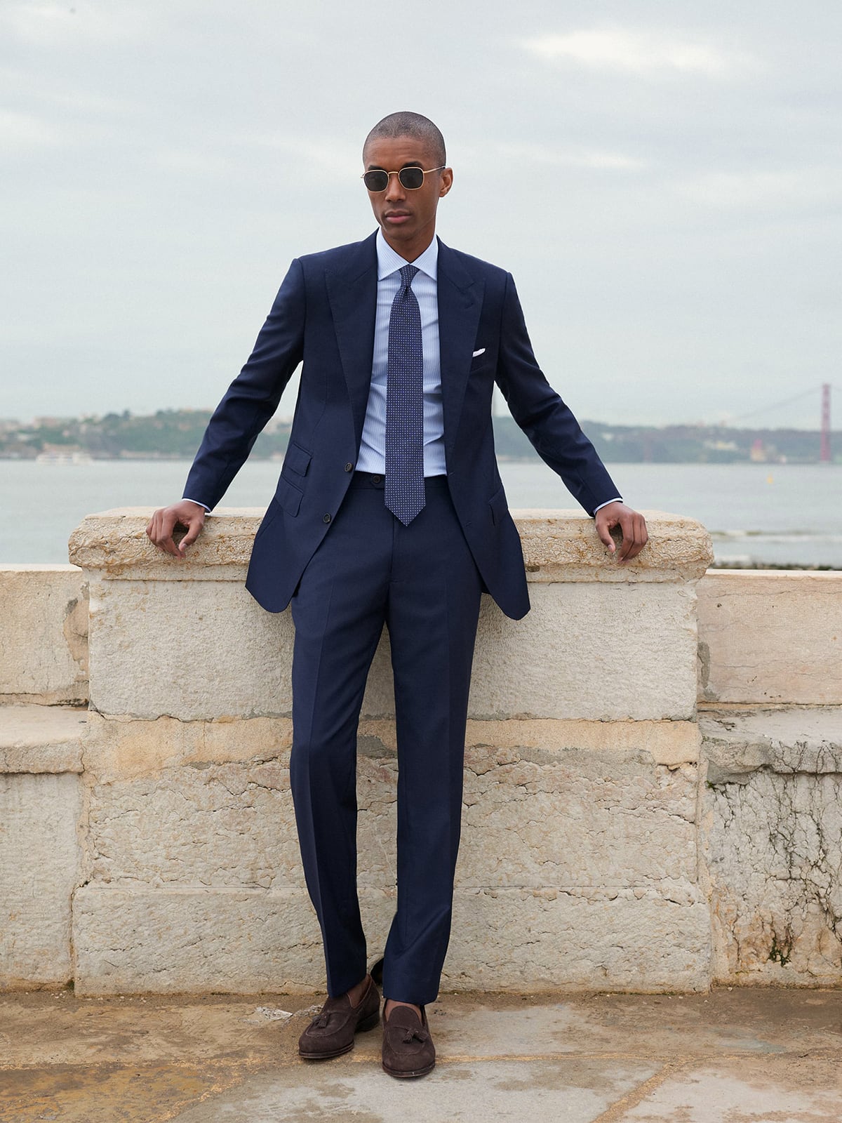 Peak Lapel Reda Navy Sharkskin Suffolk Suit - Custom Fit Tailored 