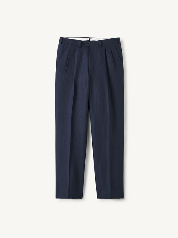 Navy Linen Wide Leg Pleated Dress Pant