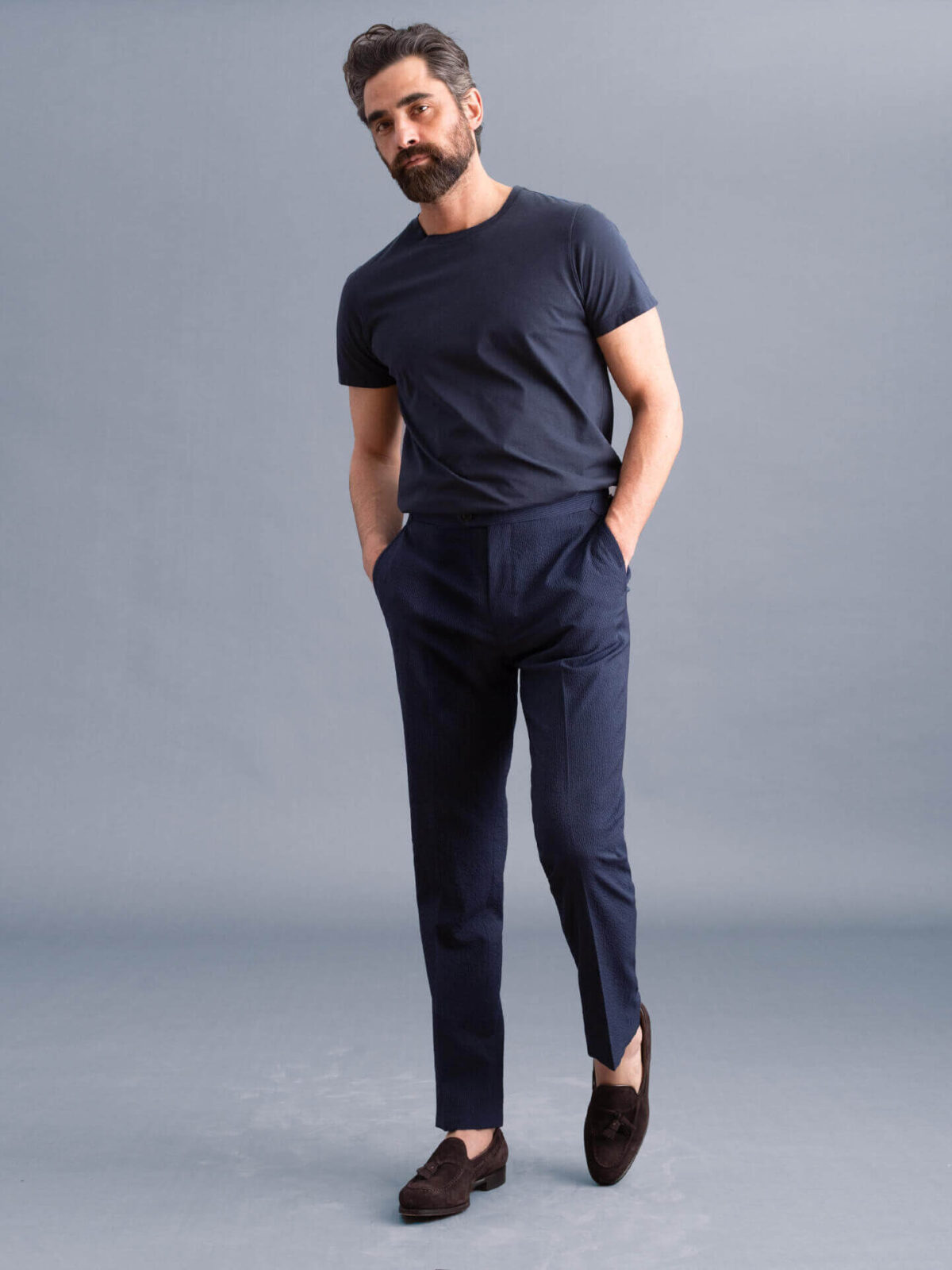 Navy Stretch Wool Seersucker Dress Pant - Custom Fit Tailored Clothing