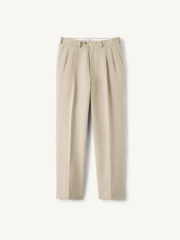 Thumb Photo of Beige Linen Wide Leg Double Pleated Dress Pant