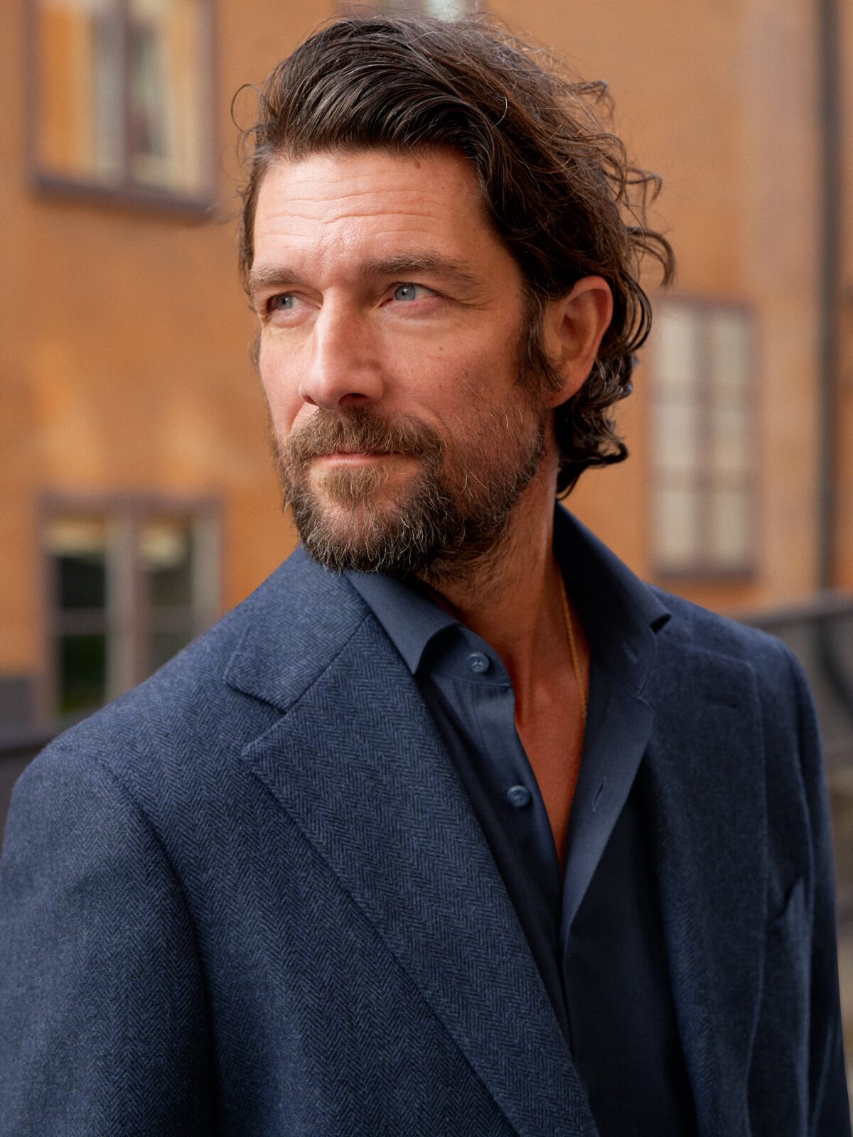 Delfino Navy Herringbone Wool and Cashmere Downing Jacket - Custom