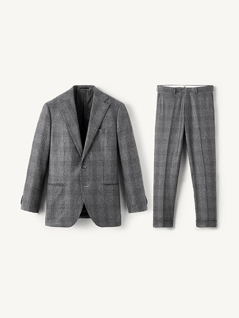 Men's Designer Modern Fit Vested Wool Suit in Grey Glen Plaid