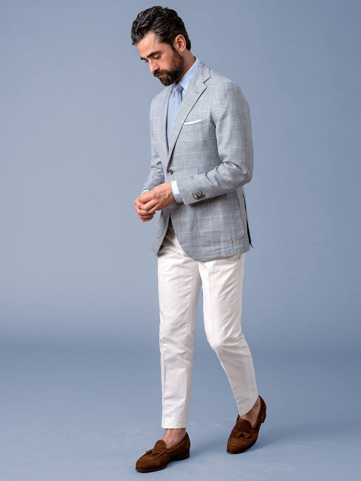 Bedford Light Blue Houndstooth Plaid Summer Blend Jacket - Custom