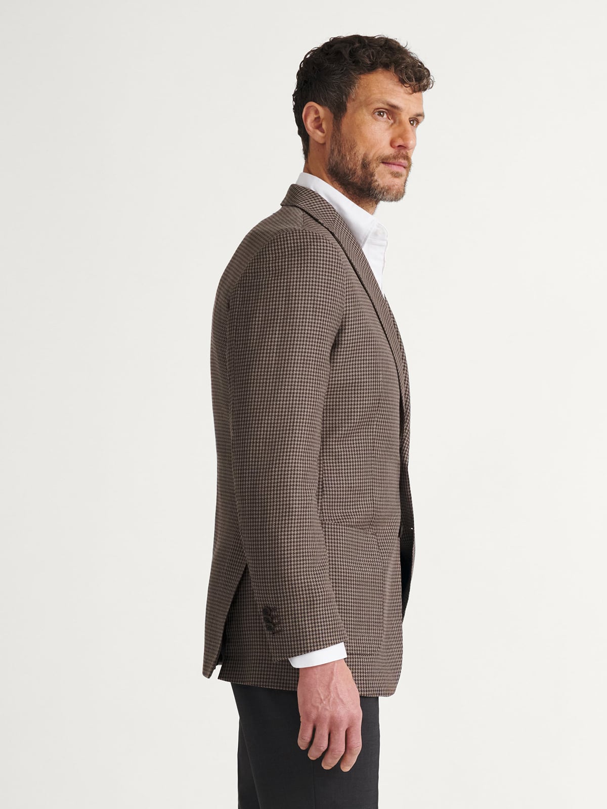 Brown Houndstooth Wool and Linen Stretch Jacket - Custom Fit